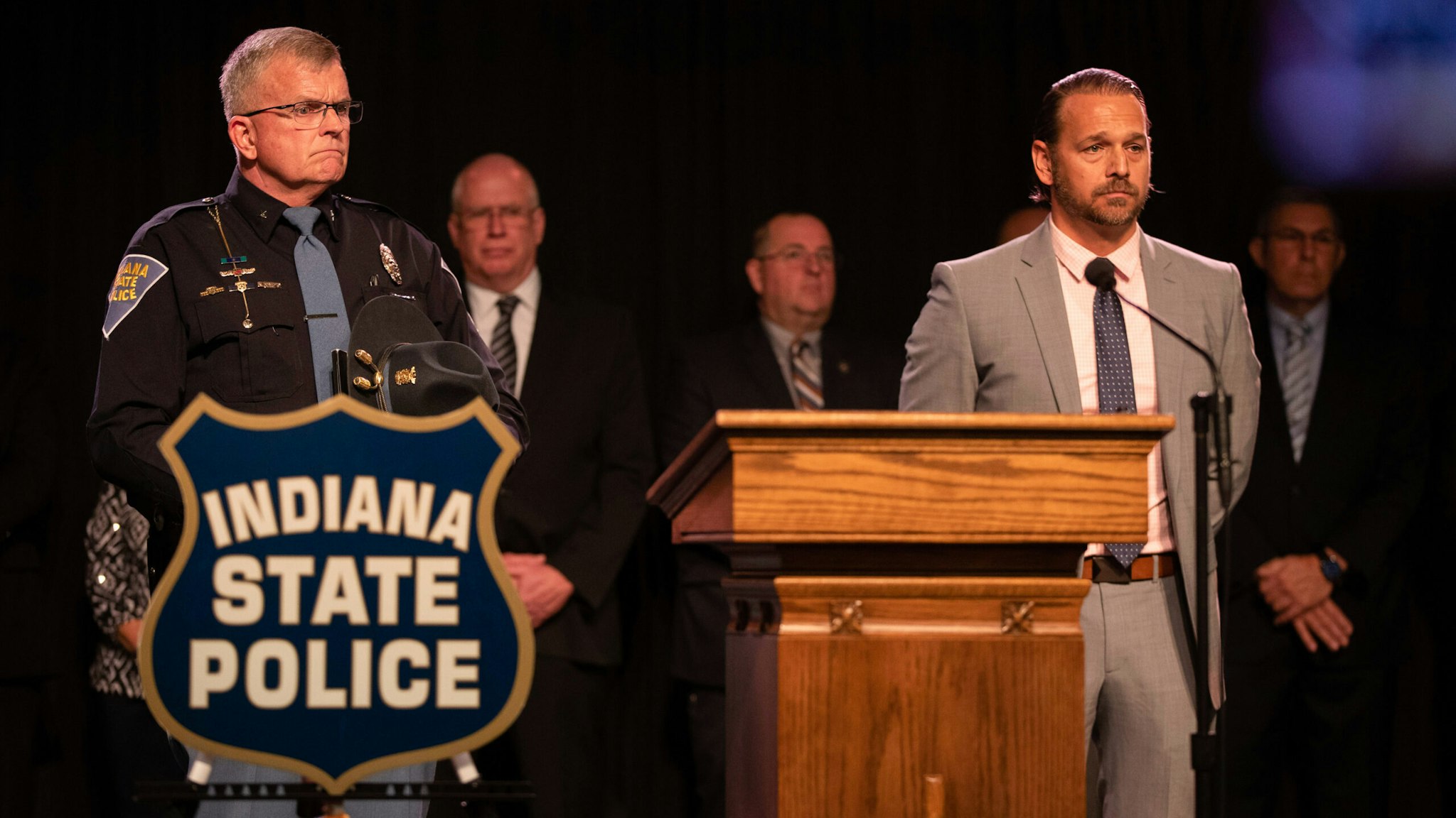 Indiana State Police Superintendent Doug Carter (L) and Carroll County Prosecutor Nicholas McLeland (R) answer questions during a press conference after they arrested Richard Allen due to the 2017 murder of the two eighth-graders in Delphi.