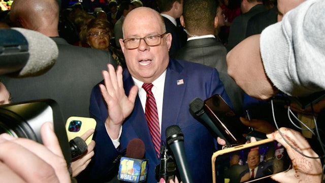 Maryland Gov. Larry Hogan speaks to the media after making a short speech at his An America United fundraising event in The Hall at Maryland Live! Casino on Wednesday, Nov. 30, 2022, in Arundel Mills, Maryland.