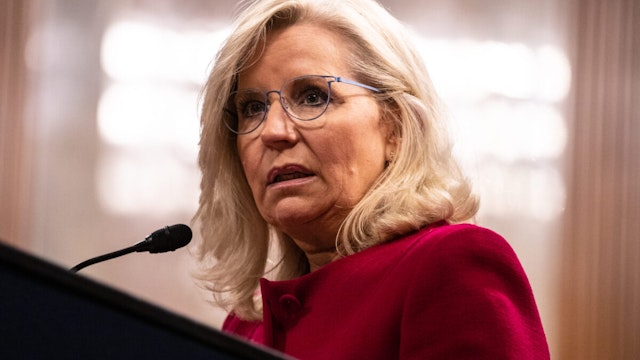Liz Cheney, former Republican representative from Wyoming, speaks after being presented with the Paul H. Douglas Award for Ethics in Government on June 13, 2023 in Washington, DC.
