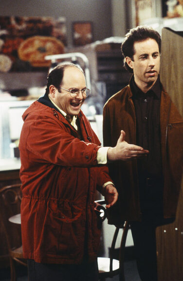 SEINFELD -- "The Frogger" Episode 18 -- Pictured: (l-r) Jason Alexander as George Costanza, Jerry Seinfeld as Jerry Seinfeld (Photo by Joseph Del Valle/NBCU Photo Bank/NBCUniversal via Getty Images via Getty Images)