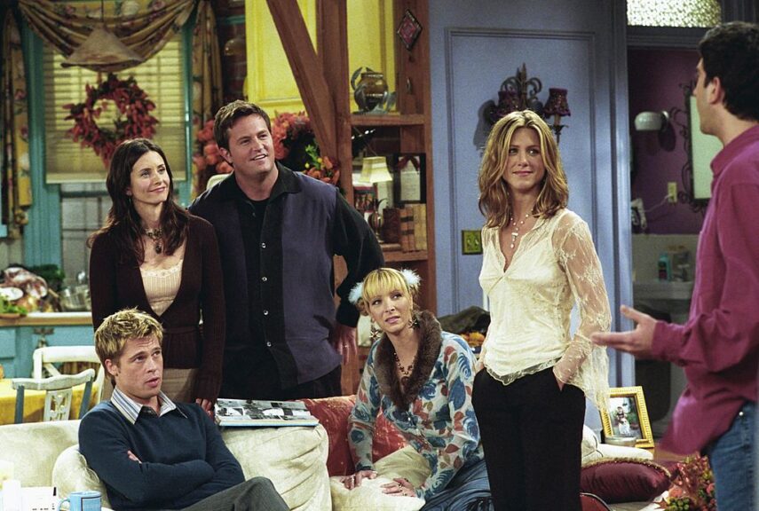 FRIENDS -- "The One With The Rumor"-- Episode 9 -- Aired 11/22/2001 -- Pictured: (l-r) Brad Pitt as Will Colbert, Courteney Cox as Monica Geller-Bing, Matthew Perry as Chandler Bing, Lisa Kudrow as Phoebe Buffay, Jennifer Aniston as Rachel Green, David Schwimmer as Ross Geller -- Photo by : Danny Feld/NBCU Photo Bank