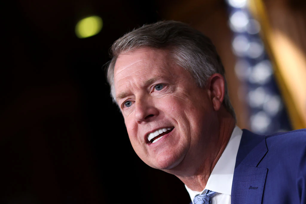 WASHINGTON, DC - AUGUST 05: U.S. Sen. Roger Marshall (R-KS) speaks at a press conference at the U.S. Capitol on August 05, 2022 in Washington, DC. The group of Republican Senators held the press conference to speak out against the Democrats' tax and spending policies.