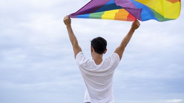 Cheerful guy with a rainbow flag on the beach. Young man holding a rainbow flag against the ocean sky
