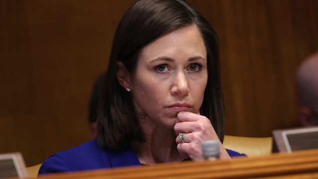 .S. Sen. Katie Britt (R-AL) listens as Secretary of Homeland Security Alejandro Mayorkas testifies before the Senate Appropriations Committee on March 29, 2023 in Washington, DC.