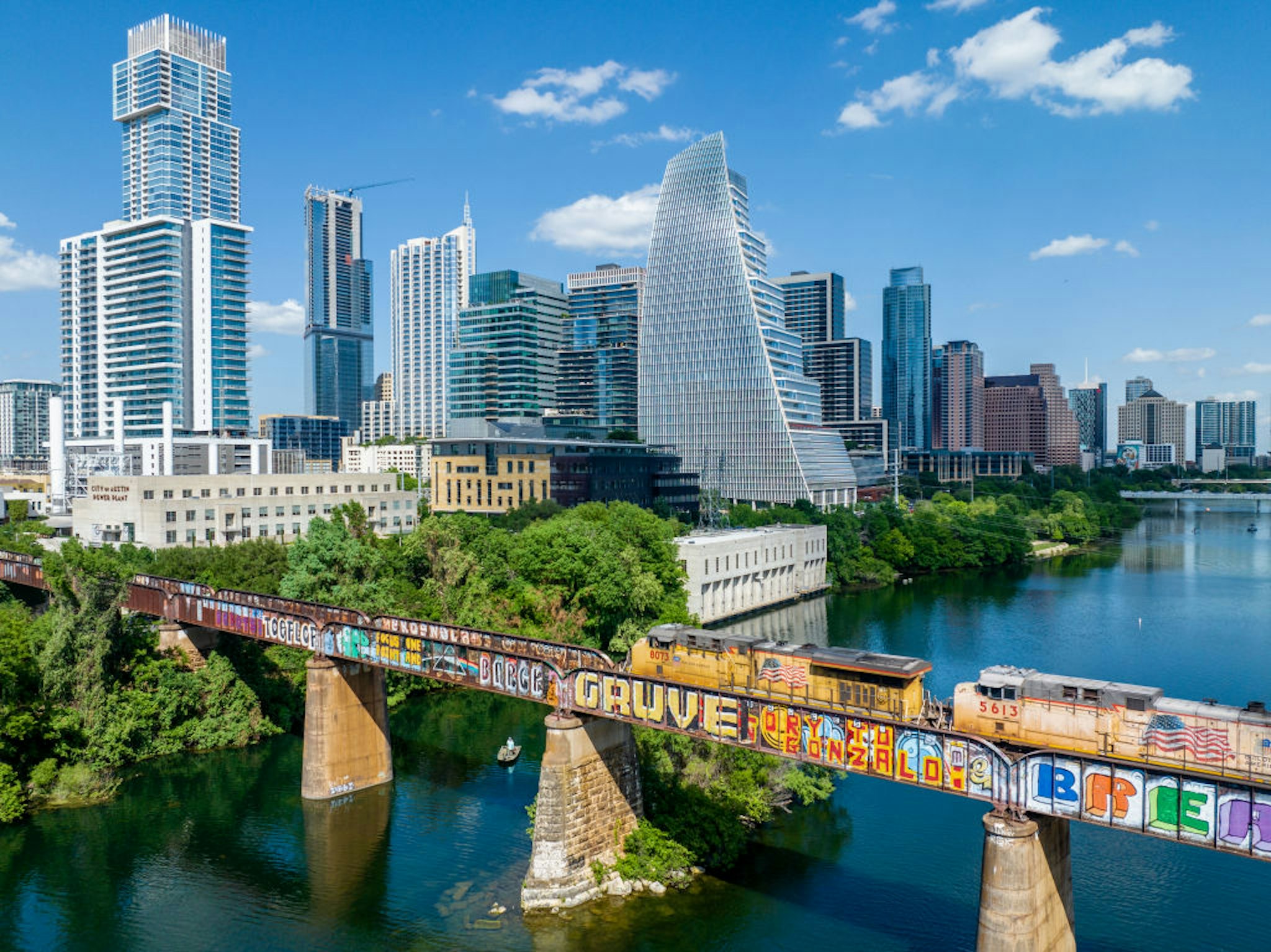 AUSTIN, TEXAS - APRIL 21: An aerial view of a Union Pacific train entering downtown on April 21, 2023 in Austin, Texas. Union Pacific Railroad reported low quarterly earnings, signaling an economic slowdown. (Photo by Brandon Bell/Getty Images)