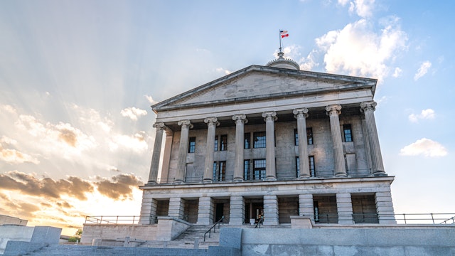 Sunset Behind the Tennessee State Capitol in Nashville, Tennessee from a Low Angle View.