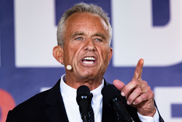 Robert F. Kennedy Jr., partner with Morgan &amp; Morgan PA and 2024 independent presidential candidate, speaks during a campaign event in Philadelphia, Pennsylvania, US, on Monday, Oct. 9, 2023. Kennedy Jr., the scion of one of America's most prominent Democratic families, is dropping out of the race for the 2024 Democratic presidential nomination and instead running as a third-party candidate. Photographer: Hannah Beier/Bloomberg via Getty Images