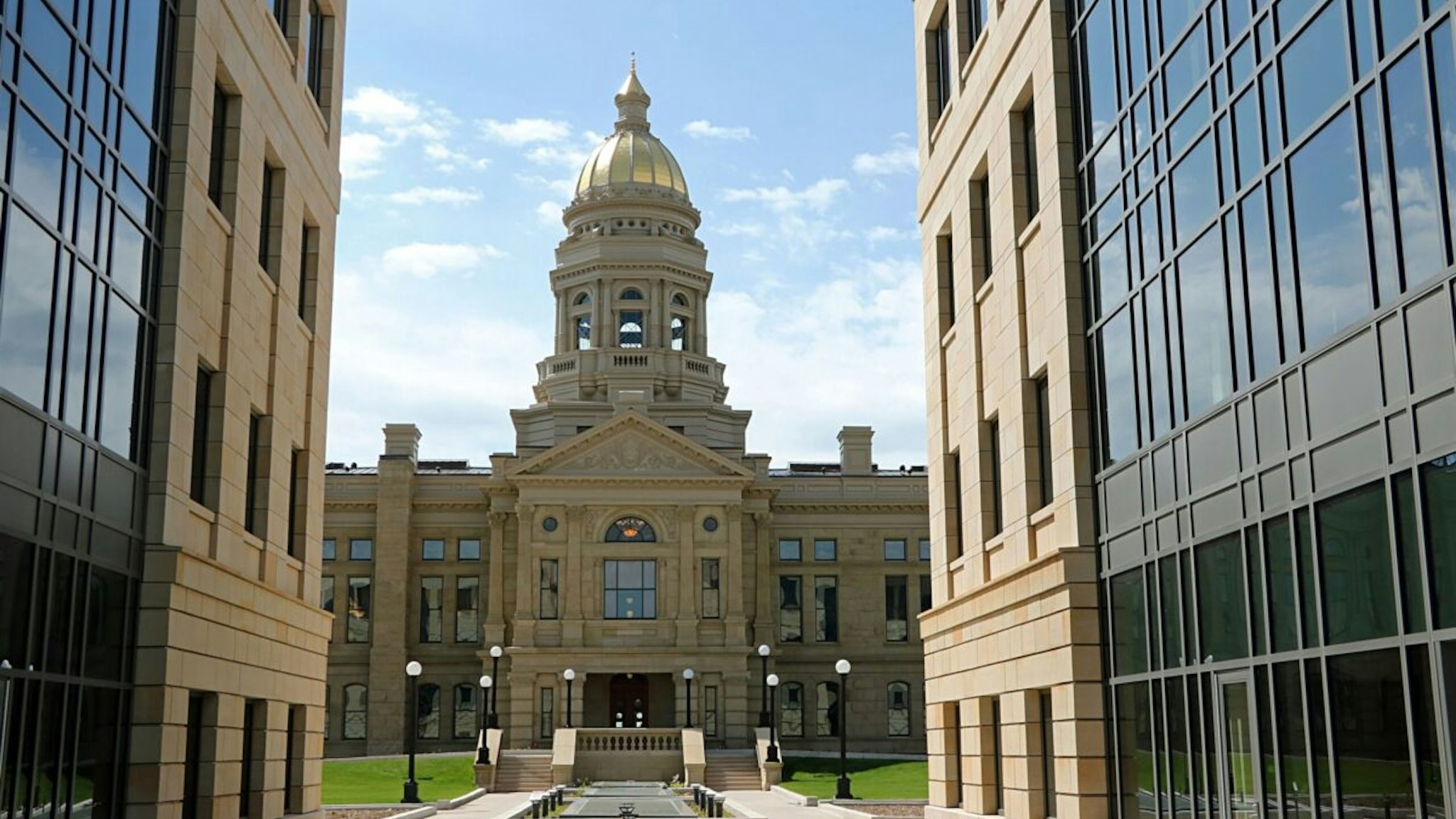The Wyoming state capitol building is in downtown Cheyenne, the Wyoming state capital.
