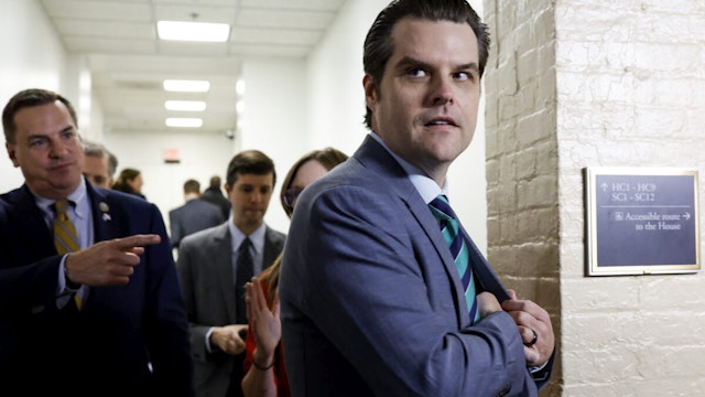 Rep. Matt Gaetz (R-FL) departs from a meeting with House Republicans at the U.S. Capitol Building on October 19, 2023 in Washington, DC.