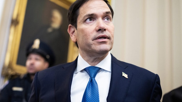 Sen. Marco Rubio, R-Fla., talks with reporters after Speaker of the House Mike Johnson, R-La., attended the Republican senate luncheon in the U.S. Capitol on Wednesday, November 1, 2023.