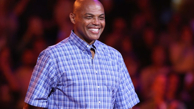 Charles Barkley is introduced to the new Phoenix Suns Ring of Honor during the NBA game against the Utah Jazz at Footprint Center on October 28, 2023 in Phoenix, Arizona.