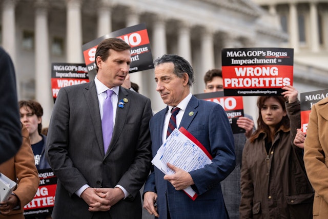 WASHINGTON, DC - DECEMBER 13: (L-R) Rep. Dan Goldman (D-NY) speaks with Rep. Jamie Raskin (D-MD) during a news conference about Republican efforts to open an impeachment inquiry into U.S. President Joe Biden, outside the U.S. Capitol on December 13, 2023 in Washington, DC. Earlier in the day, U.S. President Joe Biden's son Hunter Biden defied a subpoena from Congress to testify behind closed doors ahead of a House vote on an impeachment inquiry against his father. (Photo by Drew Angerer/Getty Images)