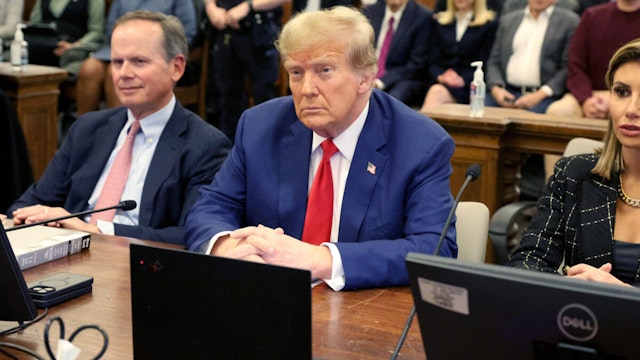 NEW YORK, NEW YORK - JANUARY 11: Former U.S. President Donald Trump sits in the courtroom during his civil fraud trial at New York Supreme Court on January 11, 2024 in New York City. Trump won't make his own closing arguments after his lawyers objected to Judge Arthur Engoron insistence that Trump stay within the bounds of "relevant, material facts that are in evidence" of the case. Trump faces a permanent ban from running a business in New York state and $370 million in penalties in the case brought by state Attorney General Letitia James.