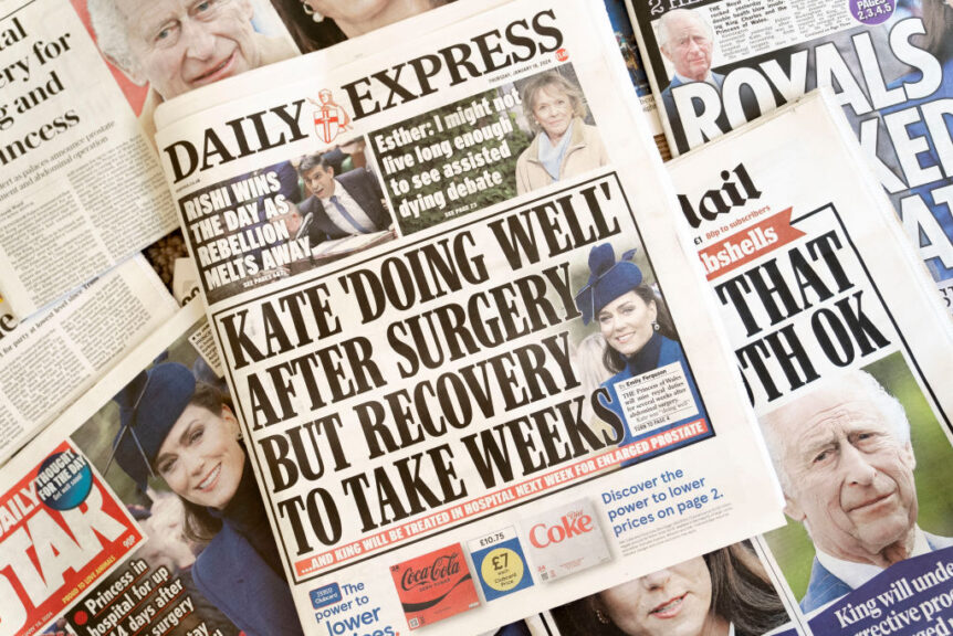 LONDON, ENGLAND - JANUARY 18: In this photo illustration, A selection of front pages from UK daily national newspaper coverage of of King Charles and Catherine, The Princess of Wales being admitted to hospital on January 18, 2024 in London, England. Catherine, The Princess of Wales, was admitted to The London Clinic for abdominal surgery yesterday. The surgery was successful and she will recover in the hospital for the next 10-14 days and is not expected to resume formal engagements until after Easter. (Photo by Ming Yeung/Getty Images)