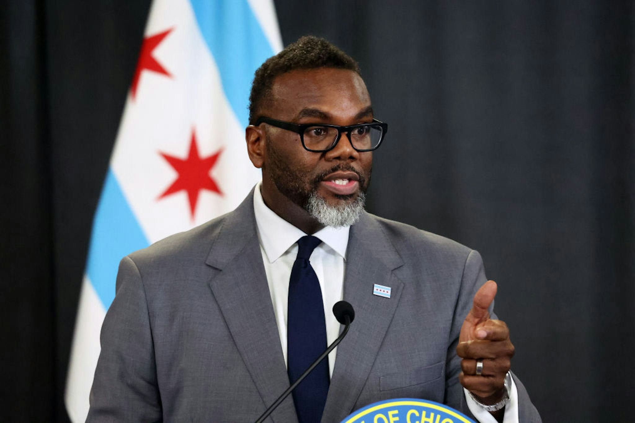 Chicago Mayor Brandon Johnson gives an update on migrant issues at City Hall on Jan. 29, 2024, in Chicago. (Terrence Antonio James/Chicago Tribune/Tribune News Service via Getty Images)