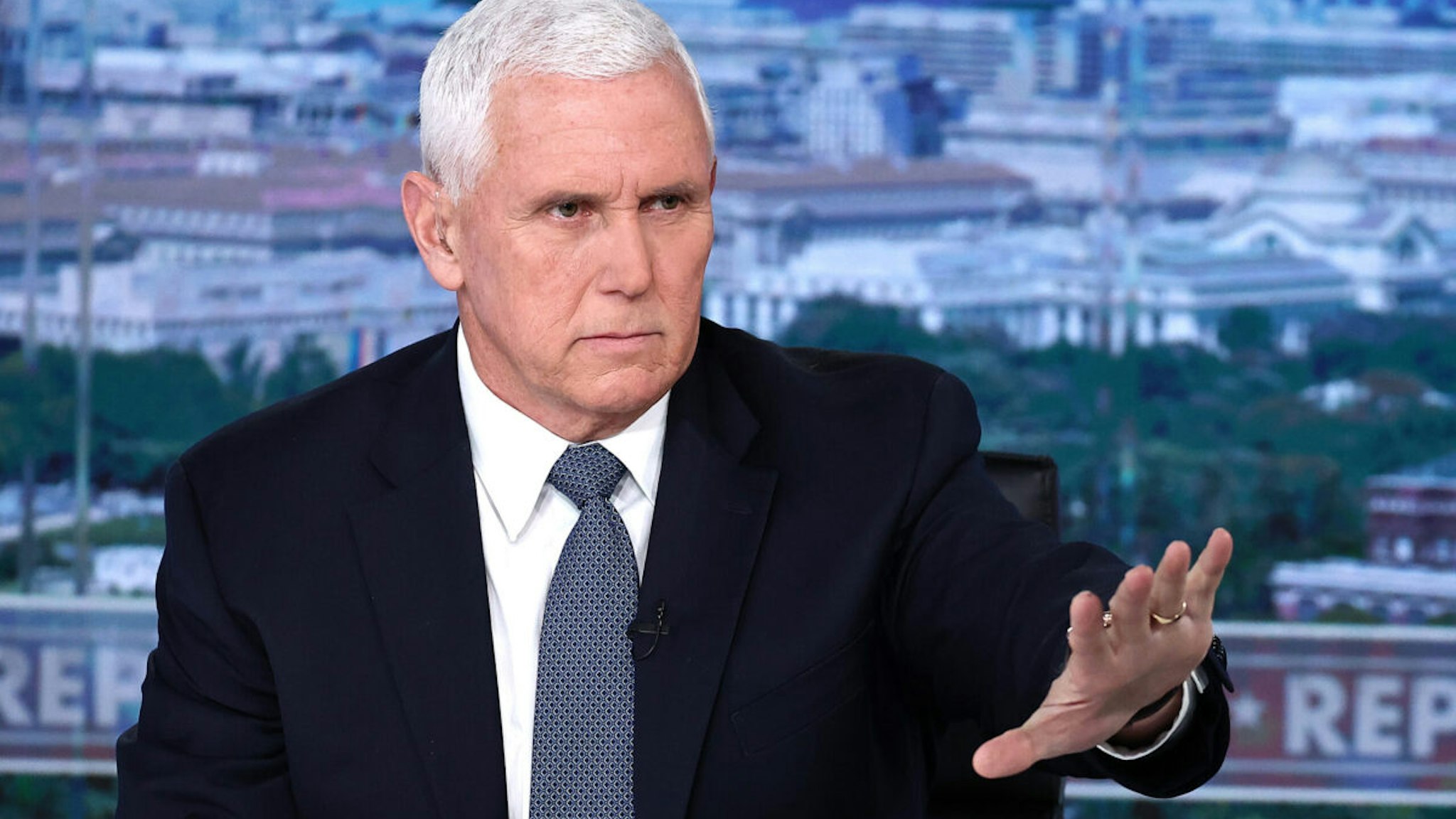 Former Vice President Mike Pence visits FOX News Channel’s "America Reports" with John Roberts at the FOX News D.C. Bureau on January 30, 2024 in Washington, DC.