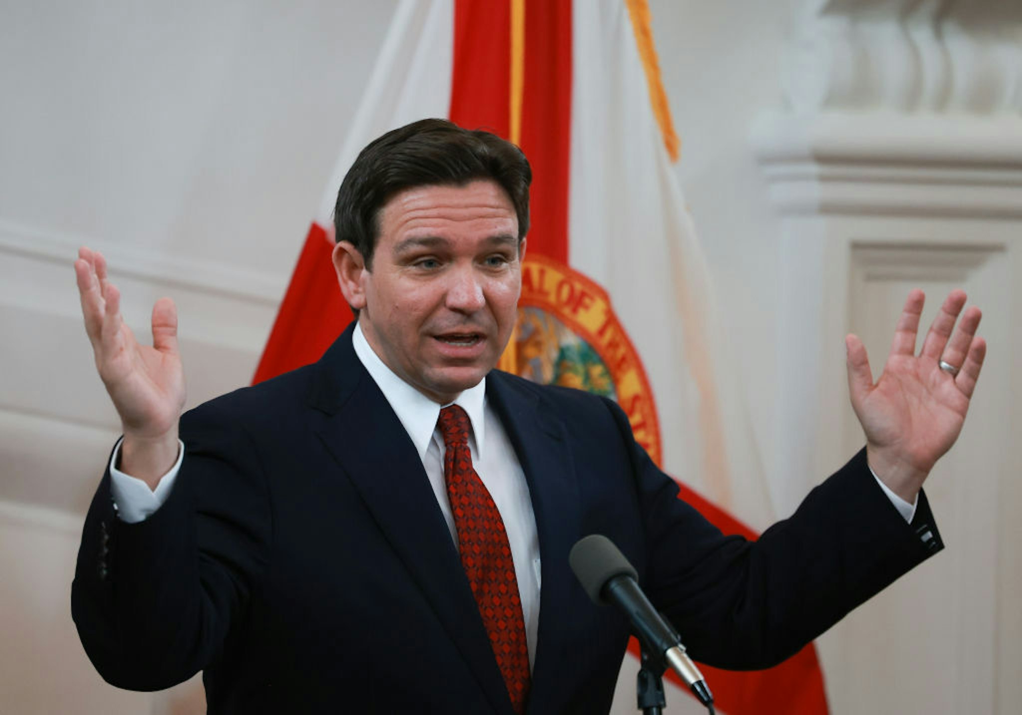 MIAMI BEACH, FLORIDA - FEBRUARY 05: Florida Gov. Ron DeSantis speaks during a news conference on February 05, 2024 in Miami Beach, Florida. Among other topics, he addressed the upcoming influx of spring breakers and assured the public that law enforcement officials and resources were available to maintain order if needed. (Photo by Joe Raedle/Getty Images)