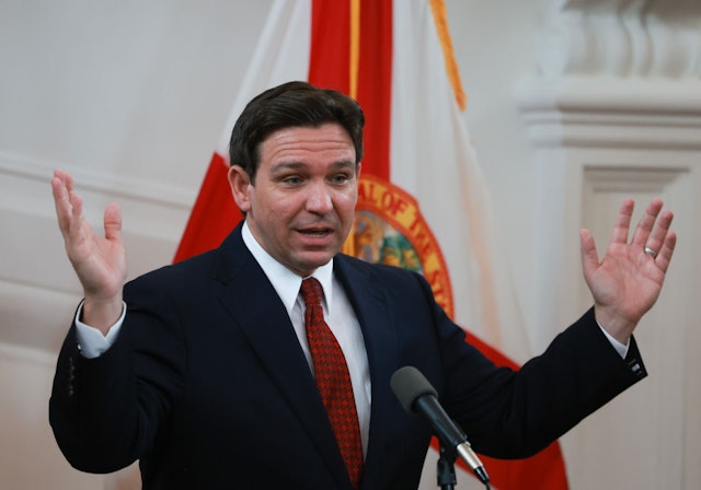 MIAMI BEACH, FLORIDA - FEBRUARY 05: Florida Gov. Ron DeSantis speaks during a news conference on February 05, 2024 in Miami Beach, Florida. Among other topics, he addressed the upcoming influx of spring breakers and assured the public that law enforcement officials and resources were available to maintain order if needed. (Photo by Joe Raedle/Getty Images)