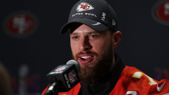 HENDERSON, NEVADA - FEBRUARY 08: Harrison Butker of the Kansas City Chiefs speaks to the media during Kansas City Chiefs media availability ahead of Super Bowl LVIII at Westin Lake Las Vegas Resort and Spa on February 08, 2024 in Henderson, Nevada. (Photo by Jamie Squire/Getty Images)