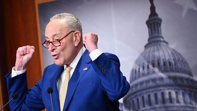 US Senate Majority Leader Chuck Schumer, Democrat from New York, speaks during a news conference at the US Capitol on February 13, 2024, in Washington, DC