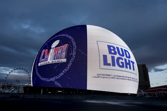 LAS VEGAS, NEVADA - FEBRUARY 10: Super Bowl LVIII and Bud Light signages are displayed on The Sphere Arena on the Las Vegas Strip on February 10, 2024 in Las Vegas, Nevada.