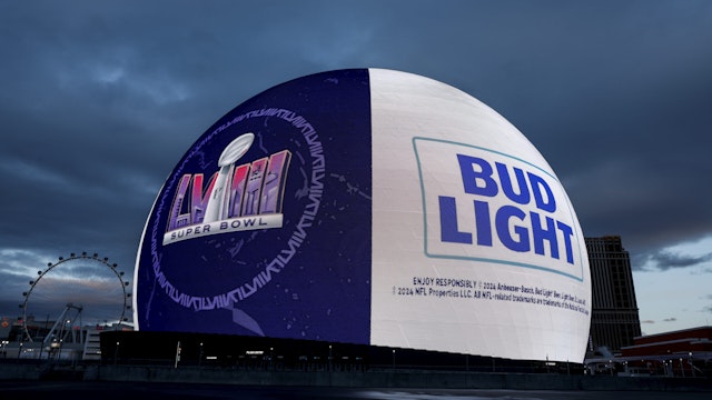 LAS VEGAS, NEVADA - FEBRUARY 10: Super Bowl LVIII and Bud Light signages are displayed on The Sphere Arena on the Las Vegas Strip on February 10, 2024 in Las Vegas, Nevada.