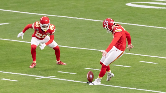 LAS VEGAS, NEVADA - FEBRUARY 11: Harrison Butker of Kansas City Chiefs controls the ball during the Super Bowl LVIII match between San Francisco 49ers and Kansas City Chiefs at Allegiant Stadium on February 11, 2024 in Las Vegas, Nevada. (Photo by Mario Hommes/DeFodi Images via Getty Images)