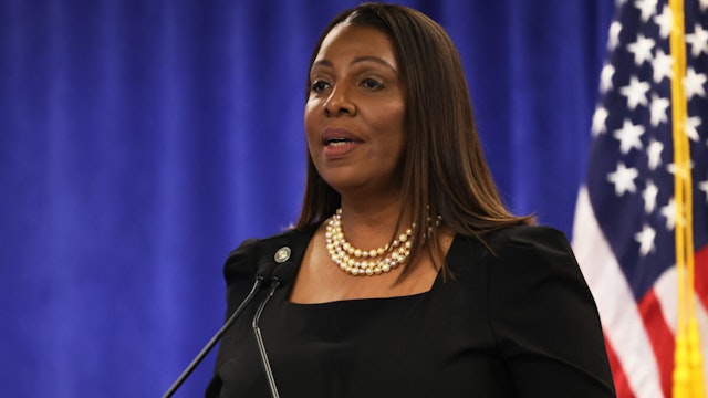 NEW YORK, NY - FEBRUARY 16: Attorney General Letitia James speaks during a press conference following a verdict against former U.S. President Donald Trump in a civil fraud trial on February 16, 2024 in New York City. Justice Arthur Engoron ruled against the former president finding him liable for conspiring to manipulating his networth and fining him $335 million and imposing a three year ban from serving in top roles at any NY company. The judge also banned Eric and Donald Trump Jr. for two years as well as a fine of more than four million dollars.