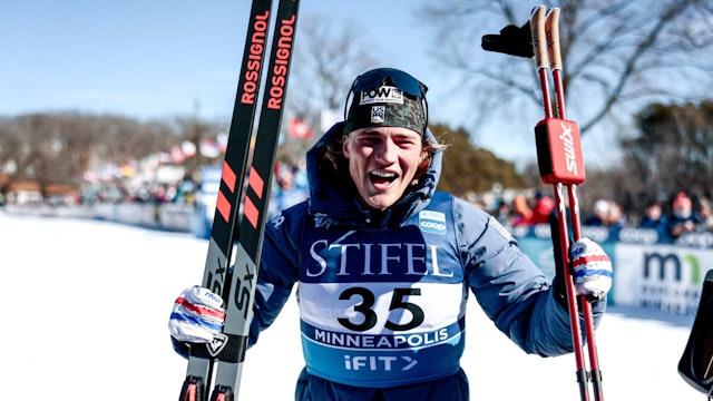 Gus Schumacher of the United States reacts after winning the FIS World Cup Cross - Country Minneapolis - 10km on February 18, 2024 in Minneapolis, Minnesota.