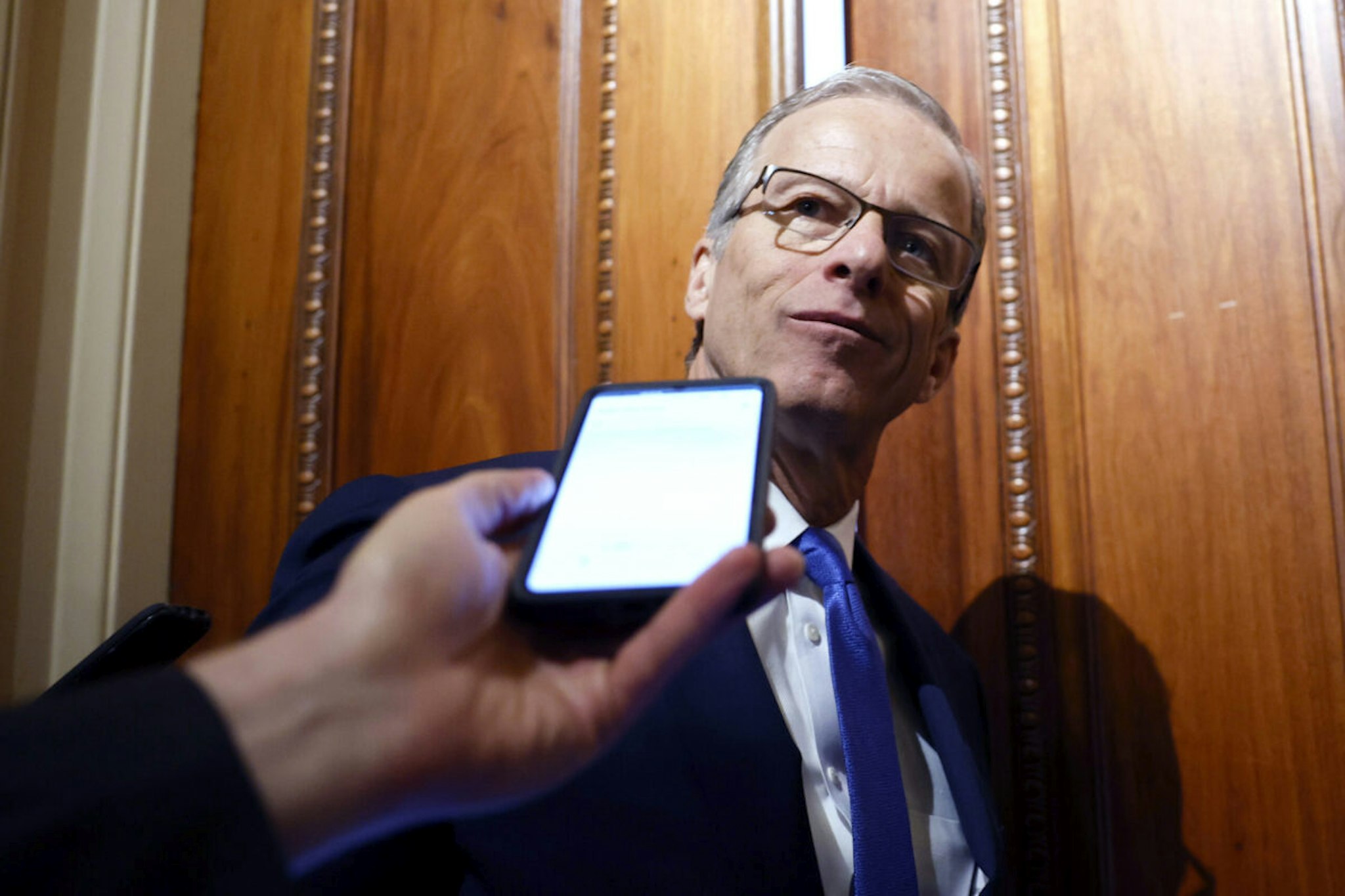 U.S. Sen. John Thune (R-SD) speaks to reporters outside of his office inside the U.S. Capitol Building on February 27, 2024 in Washington, DC.
