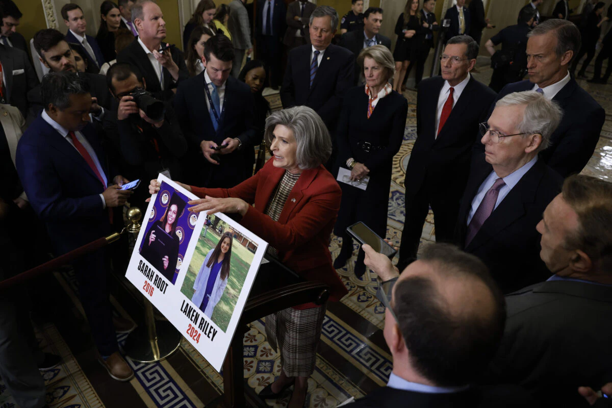 WASHINGTON, DC - FEBRUARY 27: Sen. Joni Ernst (R-IA) talks to reporters about the murder of a woman in Georgia during a news conference following the weekly Senate Republican caucus policy luncheon at the U.S. Capitol on February 27, 2024 in Washington, DC. Senate Minority Leader Mitch McConnell (R-KY), Senate Majority Leader Charles Schumer (D-NY), Speaker of the House Mike Johnson (R-LA) and House Minority Leader Hakeem Jeffries (D-NY) met with President Joe Biden at the White House earlier in the day to talk about funding for Ukraine and avoiding a partial federal government shutdown later in the week.