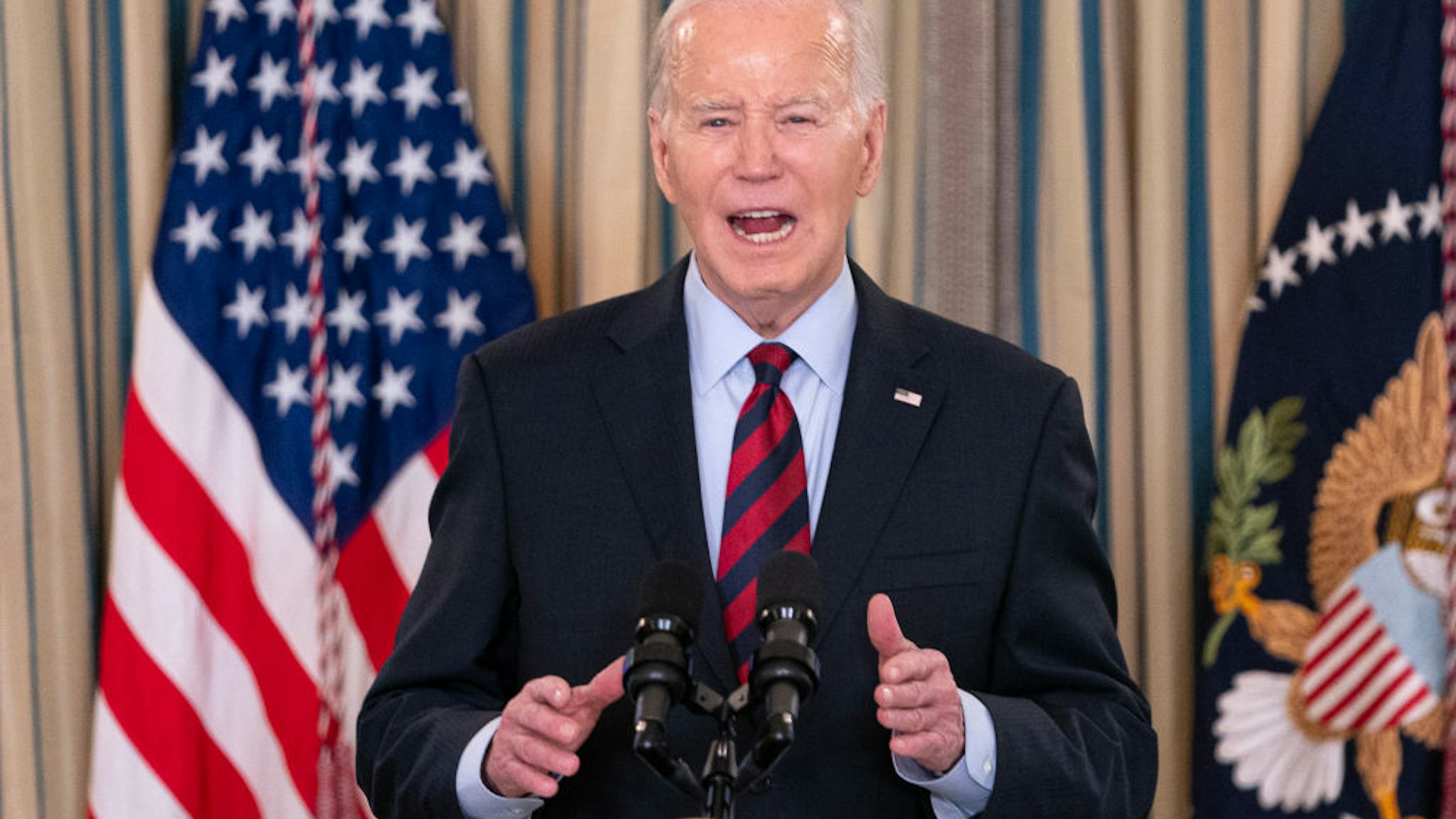 WASHINGTON, DC - MARCH 5: President Joe Biden speaks during a meeting with his Competition Council in the State Dining Room of the White House on March 5, 2024 in Washington, DC. Biden announced new economic measures during the meeting. (Photo by Nathan Howard/Getty Images)