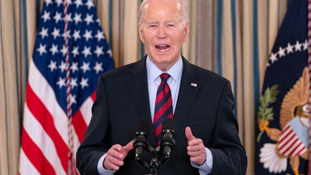 WASHINGTON, DC - MARCH 5: President Joe Biden speaks during a meeting with his Competition Council in the State Dining Room of the White House on March 5, 2024 in Washington, DC. Biden announced new economic measures during the meeting. (Photo by Nathan Howard/Getty Images)