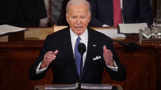 US President Joe Biden during a State of the Union address at the US Capitol in Washington, DC, US, on Thursday, March 7, 2024.