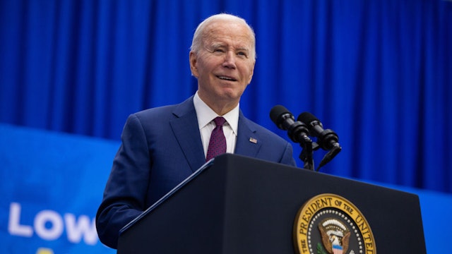 US President Joe Biden at the YMCA Allard Center in Goffstown, New Hampshire, US, on Monday, March 11, 2024. Biden's $7.3 trillion fiscal 2025 budget proposal, unveiled on Monday, lays out a second-term vision that would deliver more services, middle-class tax breaks and price controls to voters funded through higher taxes on the wealthy and corporations. Photographer: Jason Bergman/Bloomberg via Getty Images