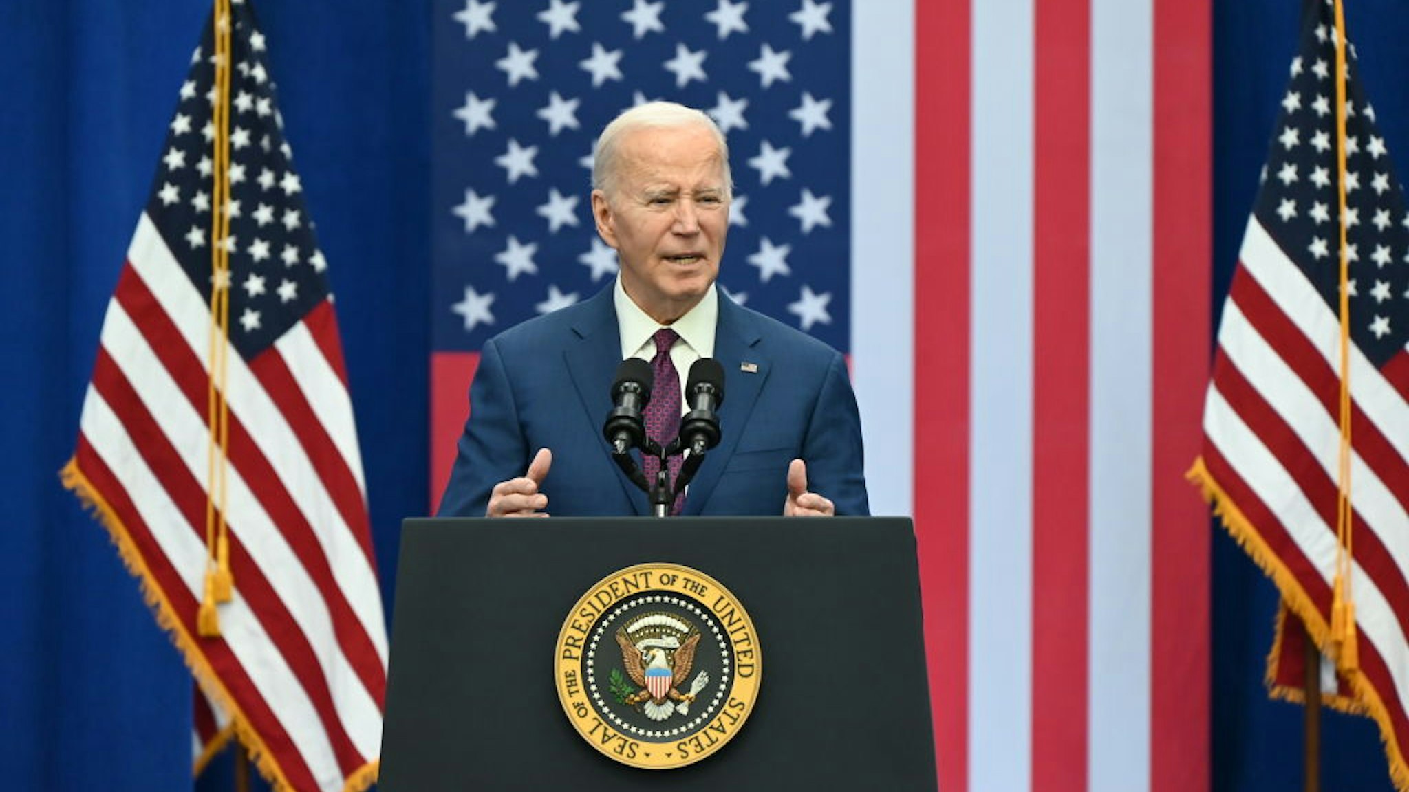 GOFFSTOWN, NEW HAMPSHIRE, UNITED STATES - MARCH 11: President of the United States Joe Biden delivers remarks on lowering costs for American families and delivers his vision in contrast to Former U.S. President Donald J. Trump at the YMCA Allard Center in Goffstown, New Hampshire, United States on March 11, 2024.