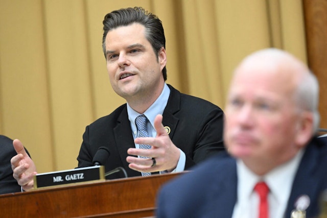 US Representative Matt Gaetz, Republican of Florida, speaks during the testimony of Special Counsel Robert Hur before a House Judiciary Committee hearing on his probe into US President Joe Biden's alleged mishandling of classified materials after serving as vice president, on Capitol Hill in Washington, DC, March 12, 2024.
