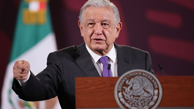 MEXICO CITY, MEXICO - MARCH 12: President of Mexico Andres Manuel Lopez Obrador speaks during the daily briefing at Palacio Nacional on March 12, 2024 in Mexico City, Mexico. (Photo by Hector Vivas/Getty Images)