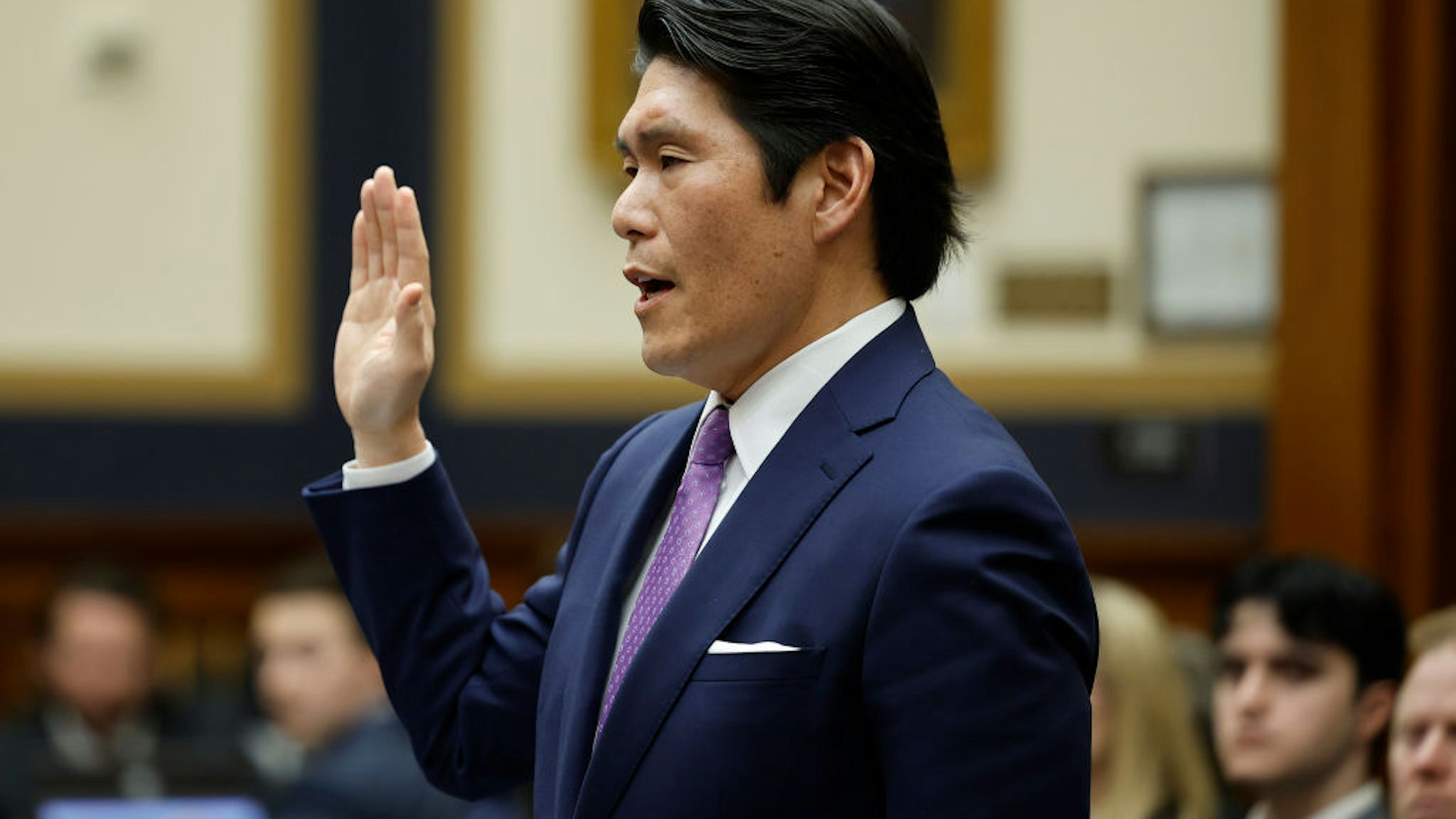 WASHINGTON, DC - MARCH 12: Former Special Counsel Robert K. Hur is sworn in as he testifies before the House Judiciary Committee on March 12, 2024 in Washington, DC. Hur investigated U.S. President Joe Biden’s mishandling of classified documents and published a final report with contentious conclusions about Biden’s memory. (Photo by Chip Somodevilla/Getty Images)