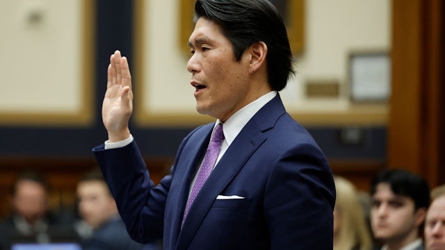 WASHINGTON, DC - MARCH 12: Former Special Counsel Robert K. Hur is sworn in as he testifies before the House Judiciary Committee on March 12, 2024 in Washington, DC. Hur investigated U.S. President Joe Biden’s mishandling of classified documents and published a final report with contentious conclusions about Biden’s memory. (Photo by Chip Somodevilla/Getty Images)