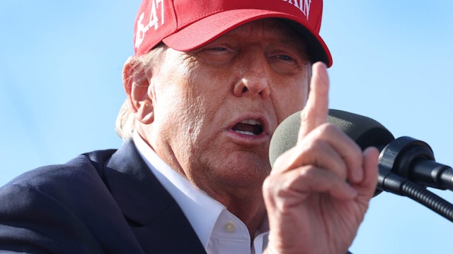 VANDALIA, OHIO - MARCH 16: Republican presidential candidate former President Donald Trump speaks to supporters during a rally at the Dayton International Airport on March 16, 2024 in Vandalia, Ohio. The rally was hosted by the Buckeye Values PAC.