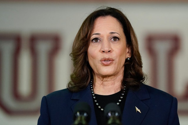 US Vice President Kamala Harris speaks to the press about gun safety measures at the high school in Parkland, Florida, March 23, 2024. (Photo by Drew ANGERER / AFP) (Photo by DREW ANGERER/AFP via Getty Images)