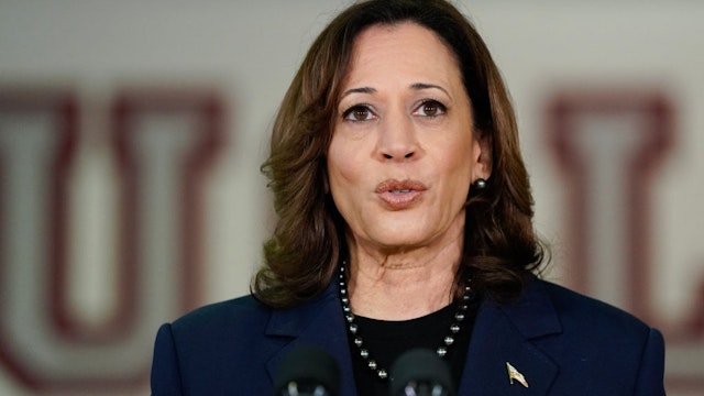 US Vice President Kamala Harris speaks to the press about gun safety measures at the high school in Parkland, Florida, March 23, 2024. (Photo by Drew ANGERER / AFP) (Photo by DREW ANGERER/AFP via Getty Images)