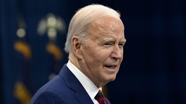 US President Joe Biden along with vice president Kamala Harris (not seen) and North Carolina governor Roy Cooper (not seen) delivers remarks about healthcare in Raleigh, North Carolina, United States on March 26, 2024.