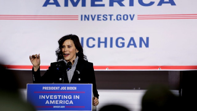 Gretchen Whitmer, governor of Michigan, speaks following a tour of the Holtec Palisades Training Center in Covert, Michigan, US, on Wednesday, March 27, 2024. The Biden administration announced Wednesday a conditional loan commitment of up to $1.52 billion for a loan guarantee to help restart a shuttered nuclear plant in Michigan, a significant move to keep reactors running as a major source of zero-carbon power and high-paying jobs.