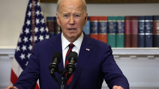 WASHINGTON, DC - MARCH 26: U.S. President Joe Biden delivers remarks on the collapse of Francis Scott Key Bridge in Baltimore, Maryland, in the Roosevelt Room of the White House on March 26, 2024 in Washington, DC. The bridge collapsed after its support column was hit by a container ship overnight. According to reports, rescuers are still searching for multiple people, while two survivors have been pulled from the Patapsco River.