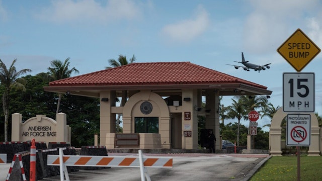 TOPSHOT - A general view shows the entrance to Andersen Air Force Base at Yigo in Guam on August 15, 2017. - Guam officials were "ecstatic" on August 15 as North Korea appeared to back away from its threat to fire four missiles towards the US territory in the western Pacific.