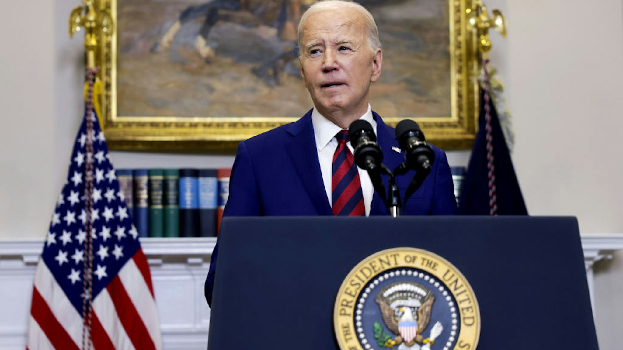 US President Joe Biden speaks on the collapse of the Francis Scott Key Bridge in the Roosevelt Room of the White House in Washington, DC, US, on Tuesday, March 26, 2024. The Francis Scott Key Bridge collapsed early Tuesday morning after being struck by a container ship, causing vehicles to plunge into the water and halting shipping traffic at one of the most important ports on the US East Coast. Photographer: Samuel Corum/Sipa/Bloomberg