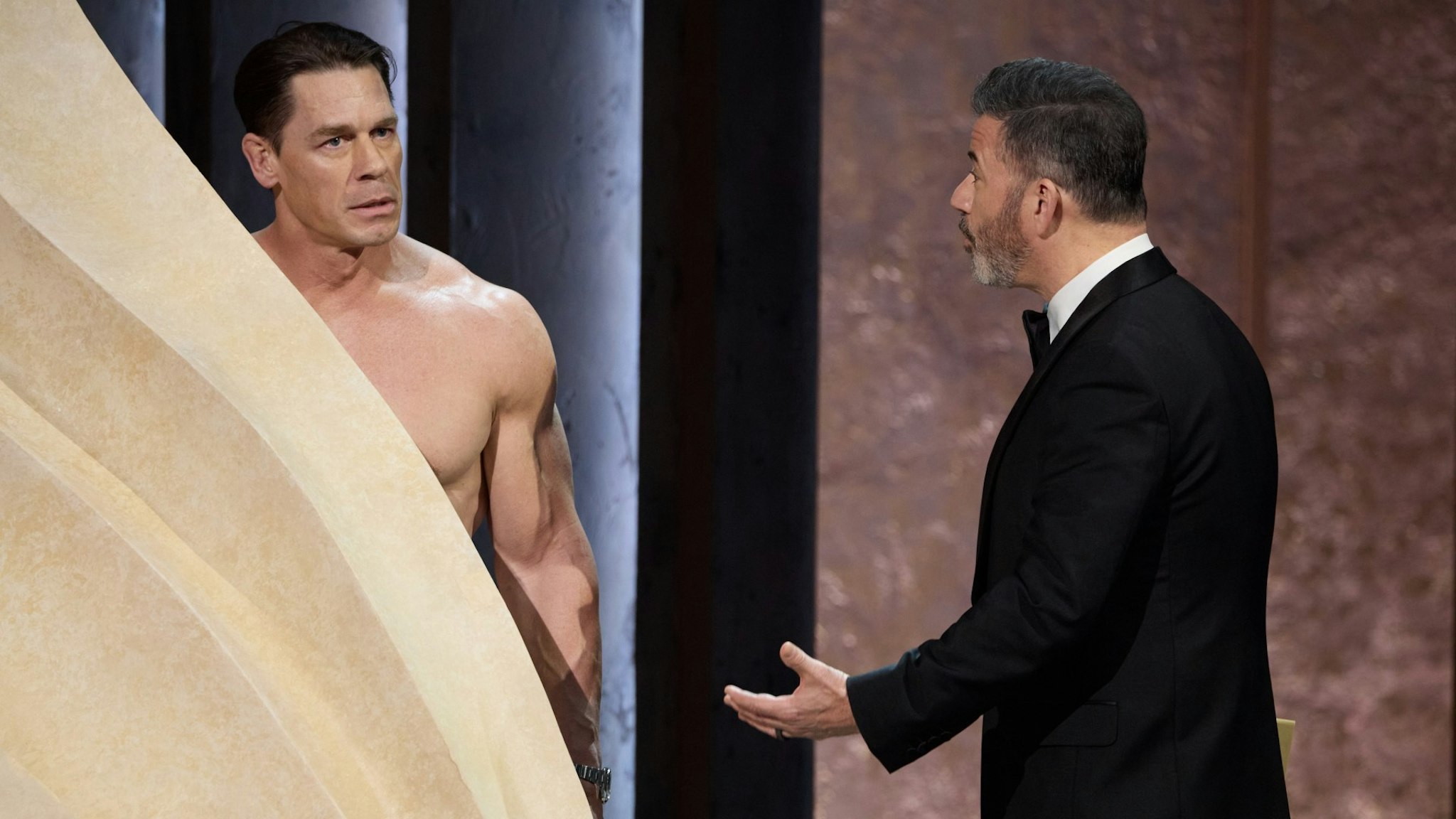 Jimmy Kimmel and John Cena present the Oscar® for Costume Design during the live ABC telecast of the 96th Oscars® at the Dolby® Theatre at Ovation Hollywood on Sunday, March 10, 2024.