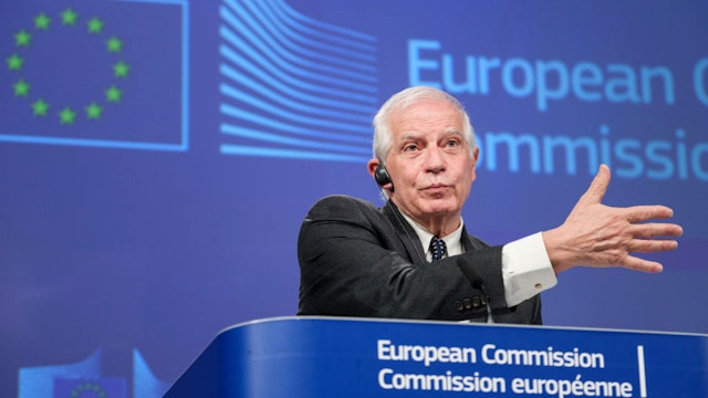 EU Commissioner for Foreign Affairs and Security Policy - Vice President Josep Borrell is talking to media in the Berlaymont, the EU Commission headquarter on March 5, 2024 in Brussels, Belgium. (Photo by Thierry Monasse/Getty Images)